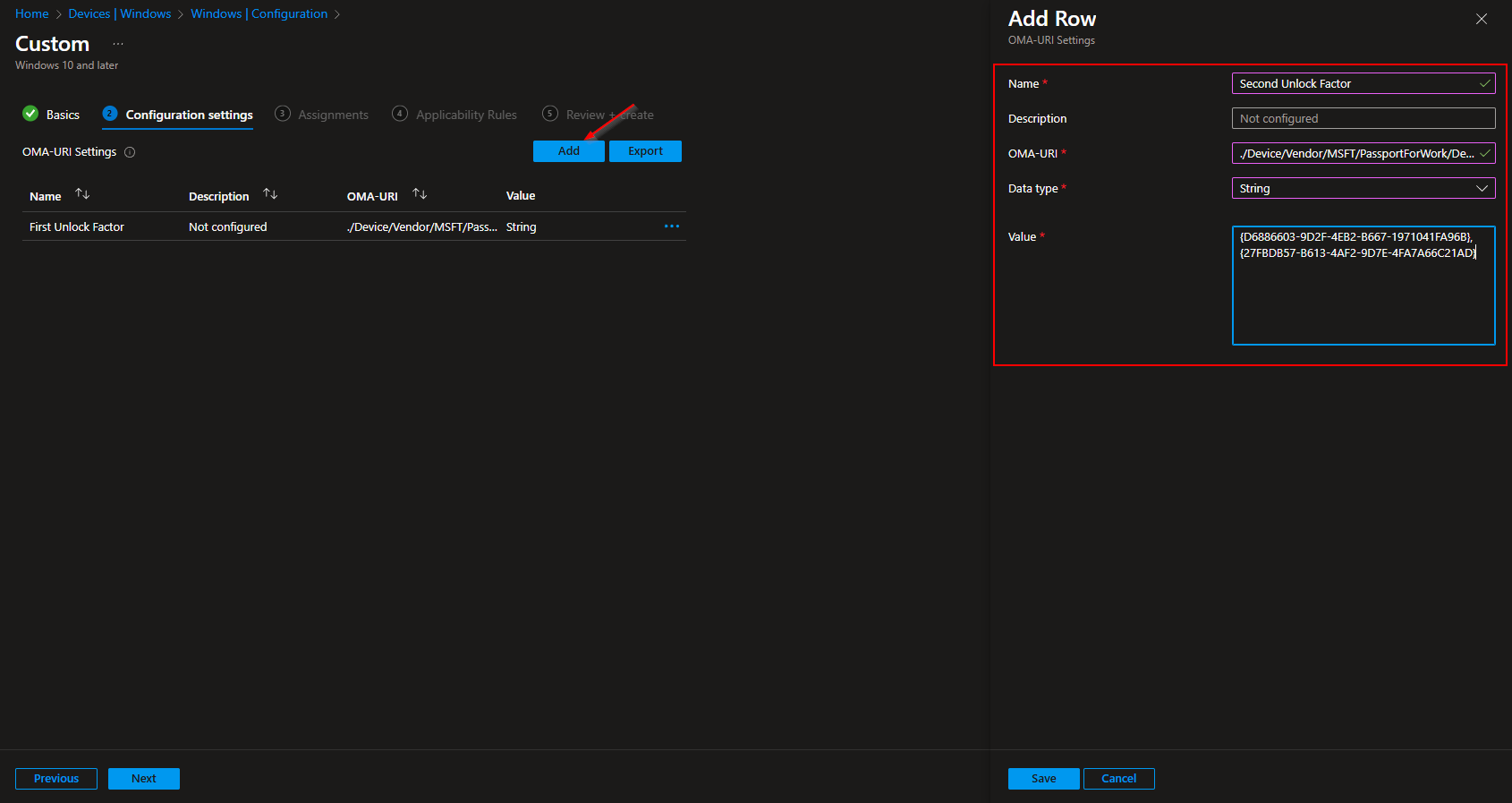 All three OMA-URI settings configured